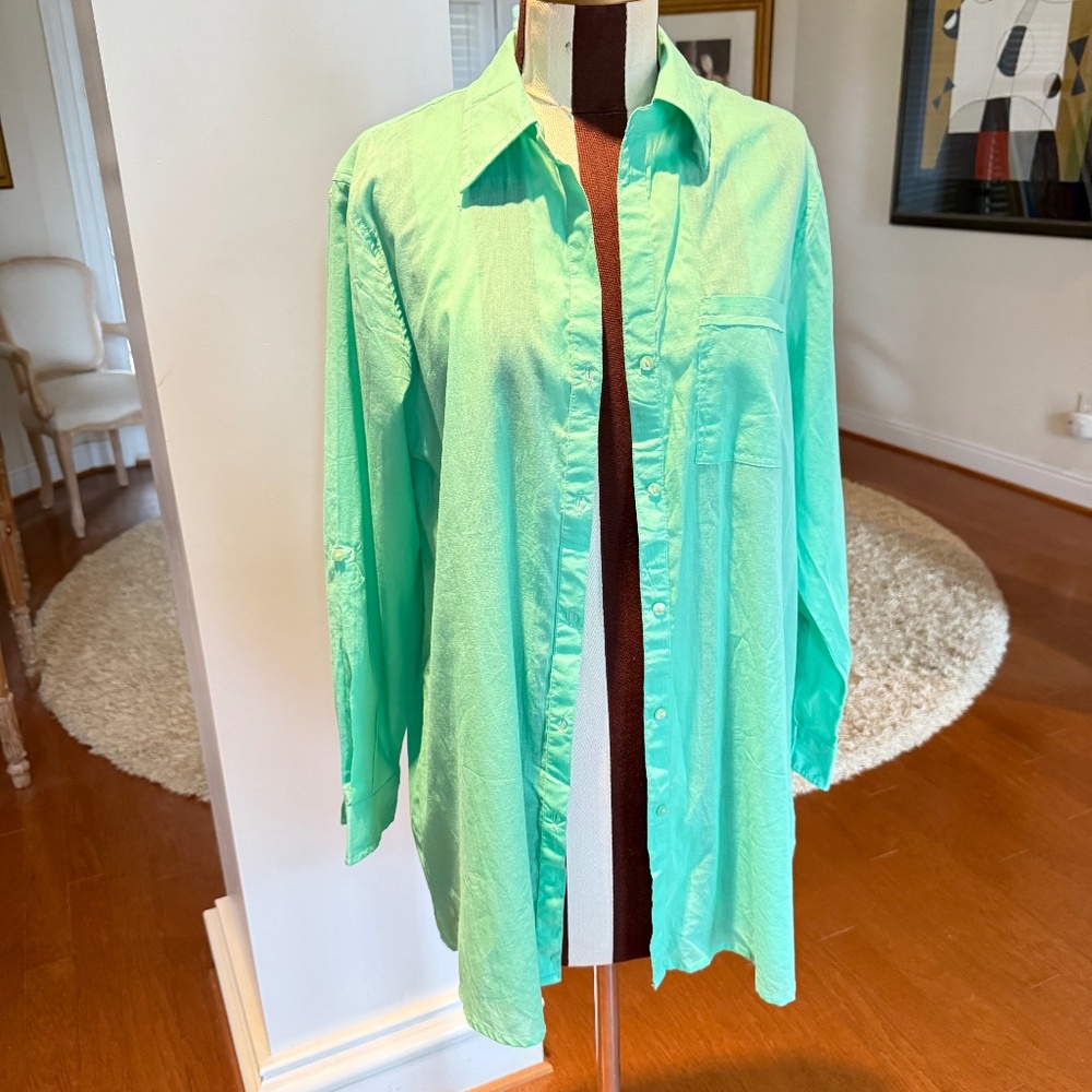 TRUE DESTINATION Tunic Top S Cover Up Resortwear Beach Cruise Button Up Green